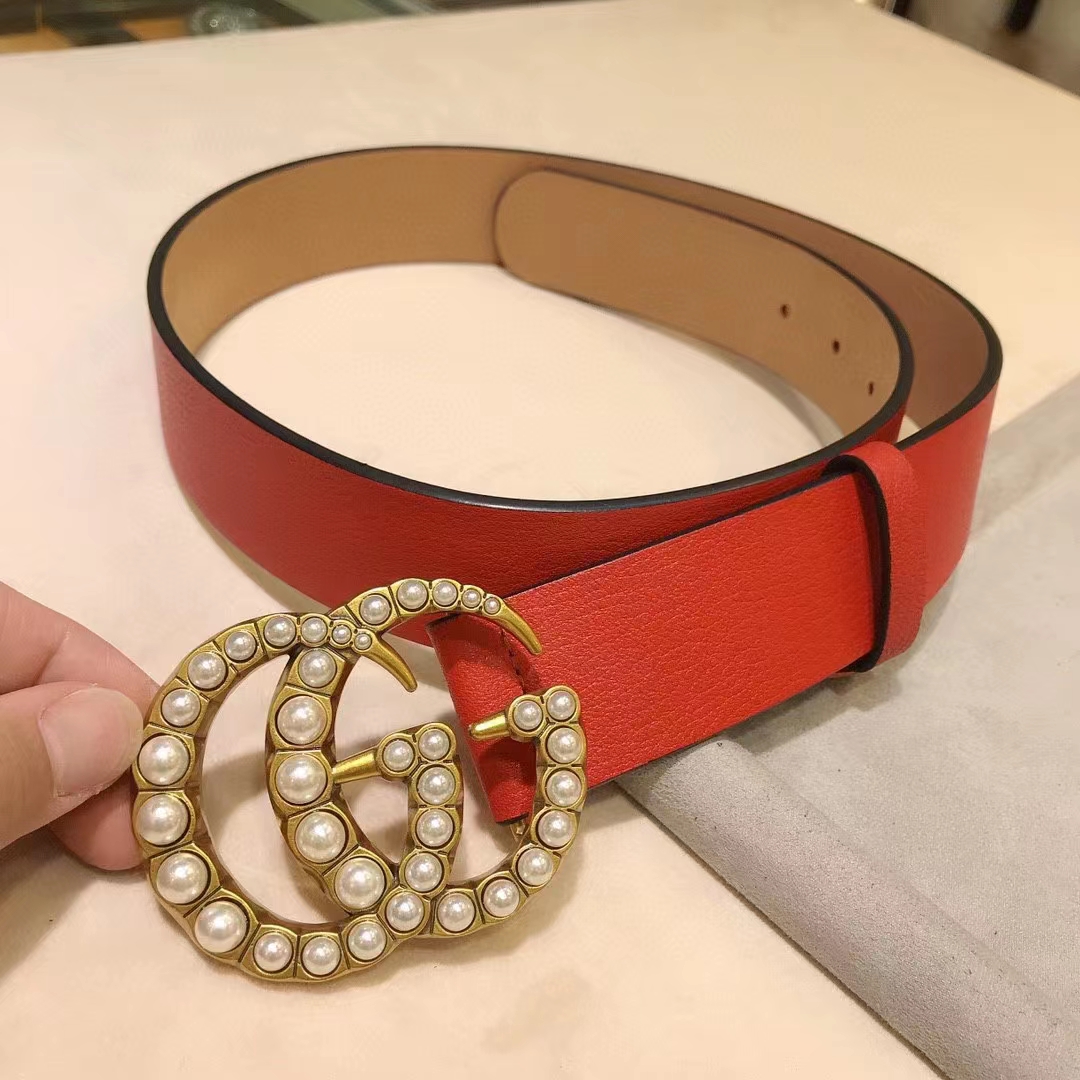 Gucci Unisex Leather Belt Pearl Double G Red 3.8 CM Width