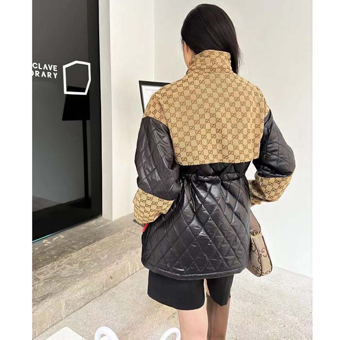 Gucci Women GG Canvas Nylon Zip Jacket Interlocking G Patch High Collar Drawstring Waistband