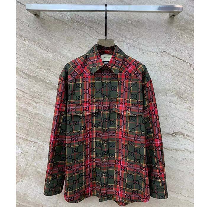 Gucci Women GG Tartan Wool Shirt Green Red GG Point Collar Long Sleeves Button Cuffs