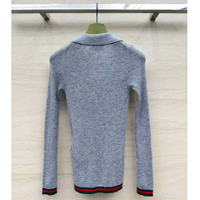 Gucci Women GG Extra Fine Rib Cashmere Knit Top Grey Silk Polo Neck