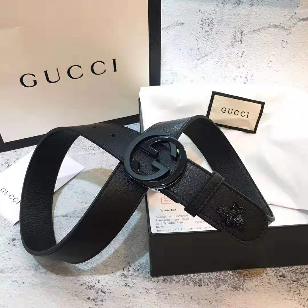 Gucci Unisex Leather Belt with Interlocking G in Black Leather