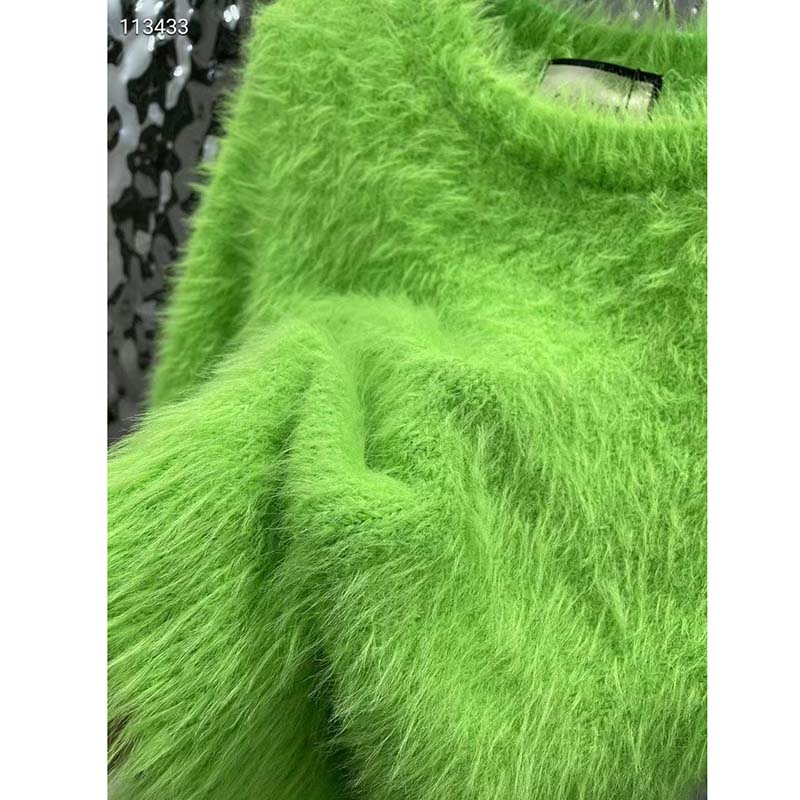 Gucci Women GG Brushed Wool Knit Sweater Bright Green Long Sleeves Crewneck