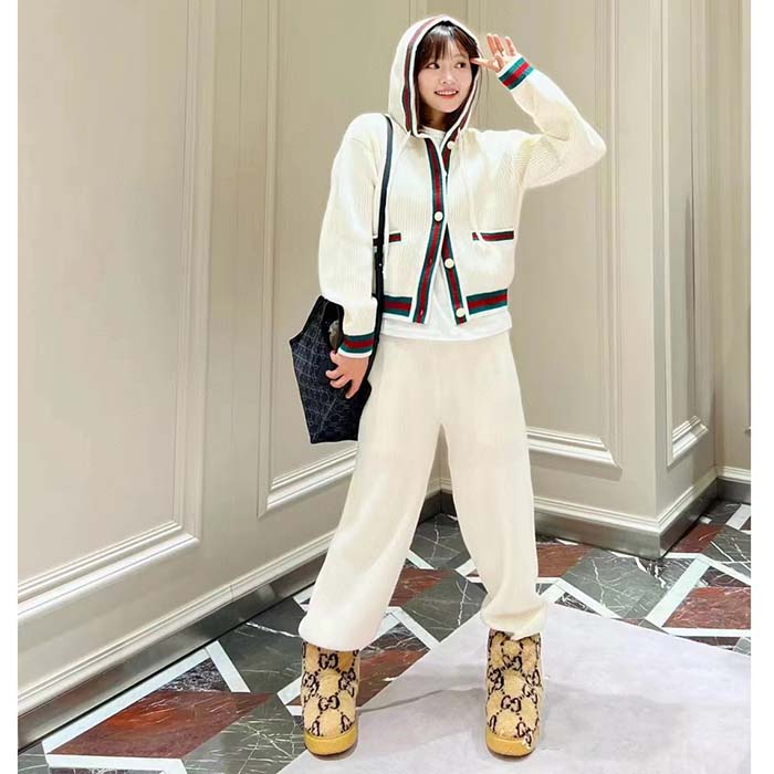 Gucci Women GG Rib Wool Pant Web Elastic Waist Drawstring Elastic Leg Cuffs