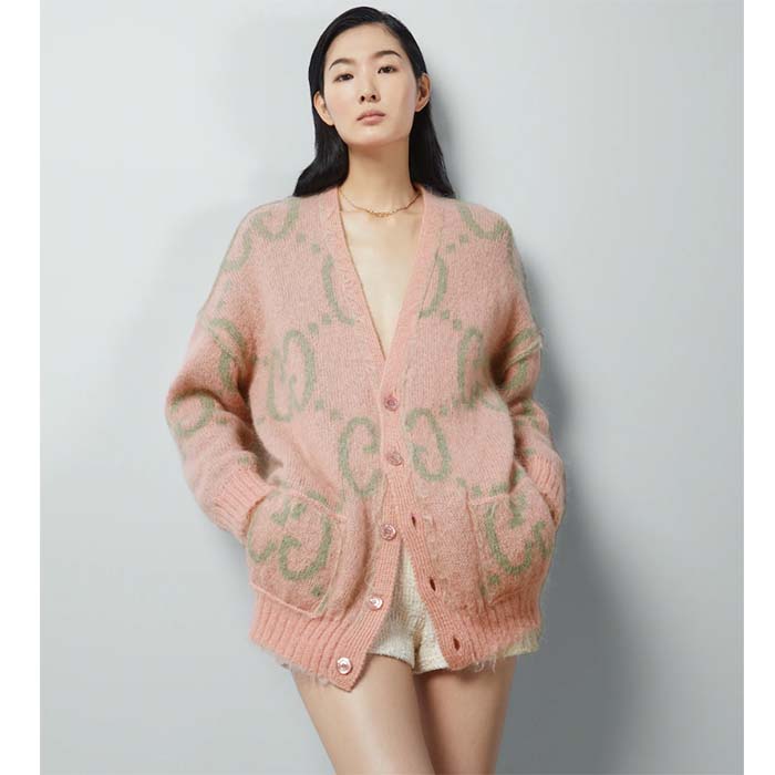 Gucci Women Reversible GG Mohair Cardigan Light Green Pink Brushed Jacquard Wool V-Neck