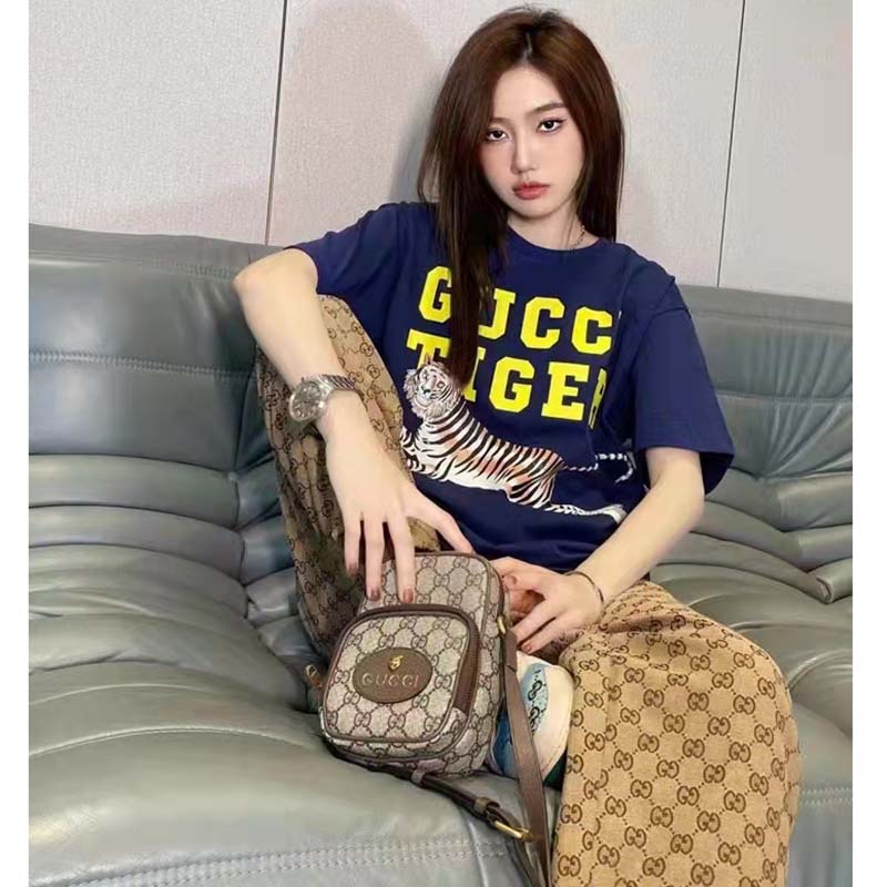 Gucci GG Women Gucci Tiger Cotton T-Shirt Blue Cotton Jersey Crewneck