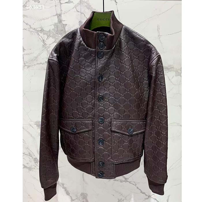 Gucci Women GG Leather Bomber Jacket Brown Lambskin Front Patch Pockets