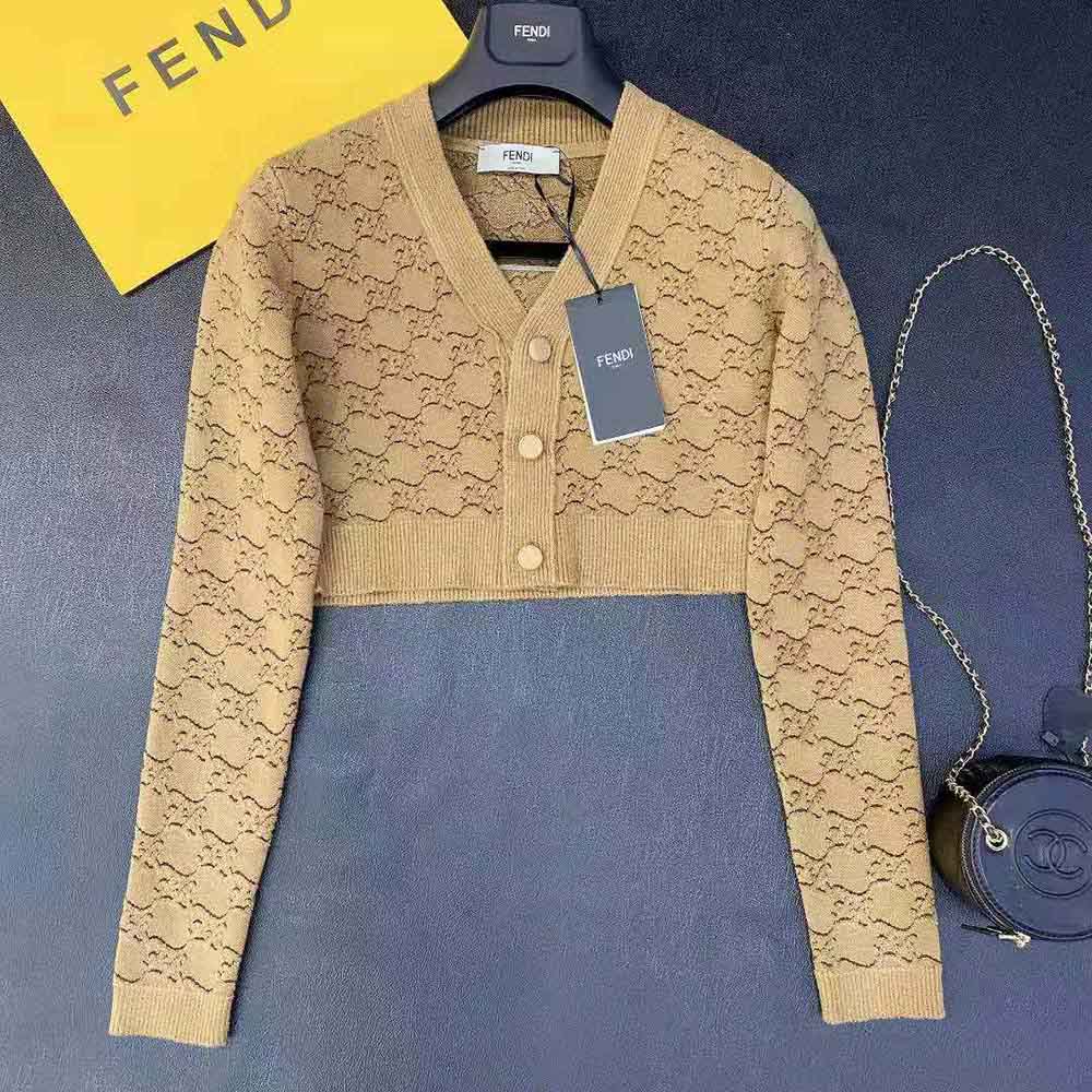 Fendi Women Beige Velvet and Viscose Cardigan with V Neck and Ribbed Edges