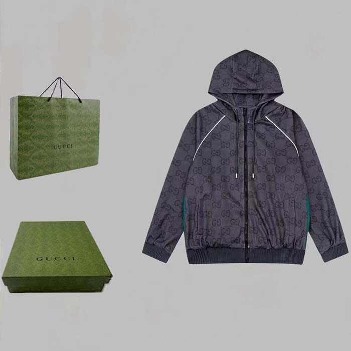 Gucci Women GG Jumbo GG Zip Jacket Web Dark Grey Neoprene Canvas Raglan Sleeves