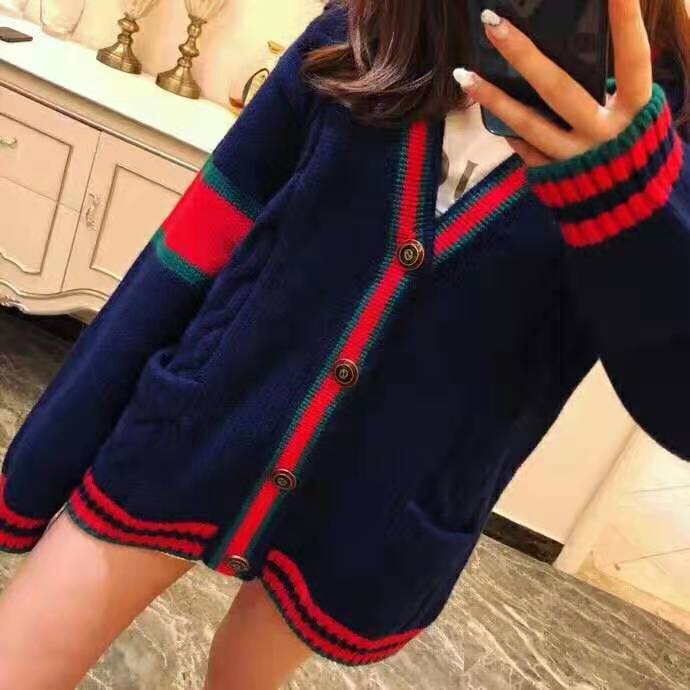 Gucci Women Oversize Cable Knit Cardigan Sweater-Navy