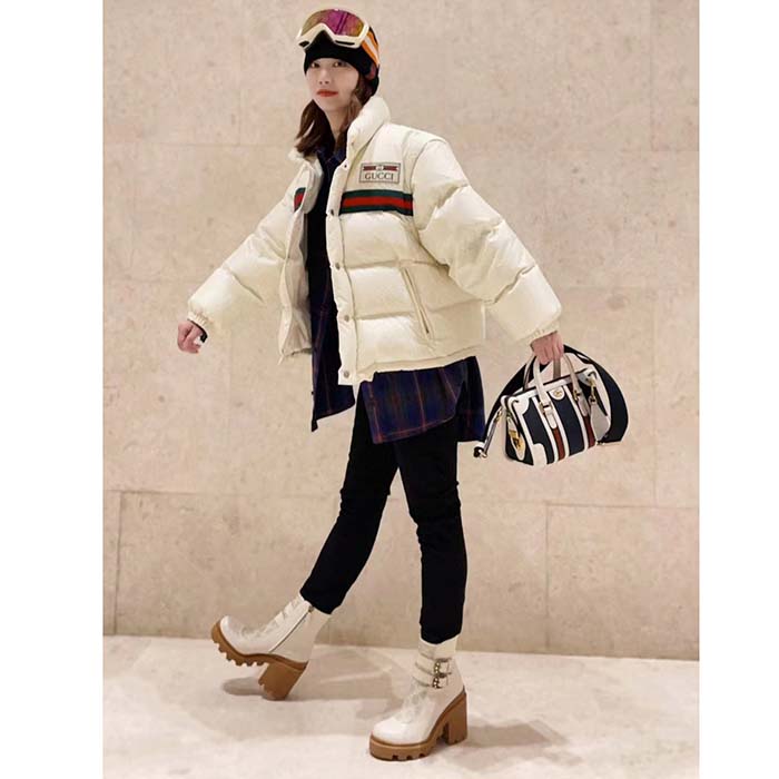 Gucci Women GG Padded Nylon Bomber Jacket Web White Goose Down Detachable Sleeves High Neck