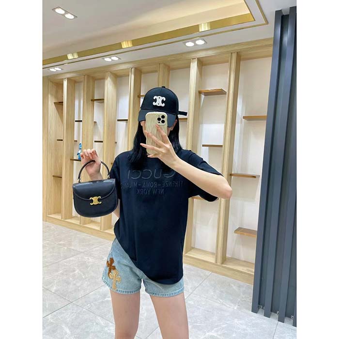 Gucci Women GG Cotton Jersey T-Shirt Black Heavy Cities Embroidery Crewneck Short Sleeves Oversize Fit