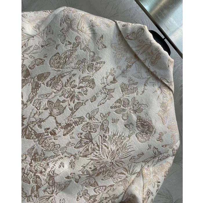 Dior Women CD Fitted Jacket White Technical Jacquard Gold-Tone Allover Butterfly Motif