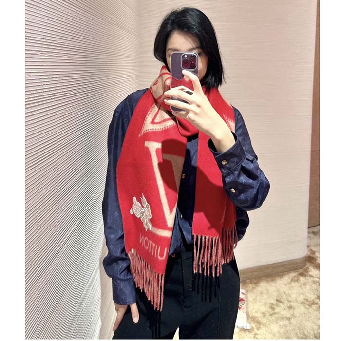 Louis Vuitton LV Unisex Precious Rabbit Reykjavik Scarf Red Cashmere Monogram Flowers