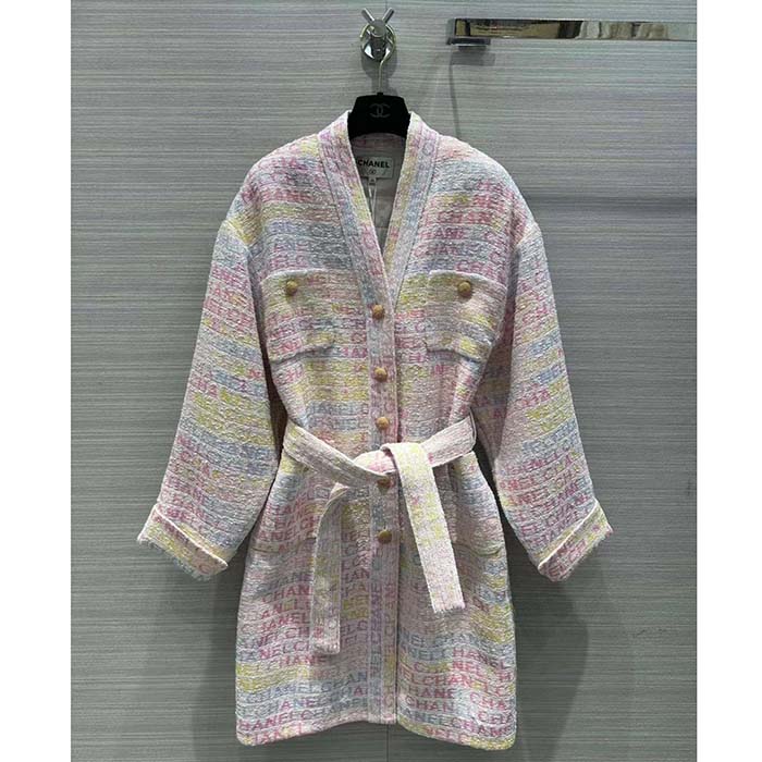 Chanel Women CC Coat Embroidered Cotton Wool Tweed Pink Yellow Ecru Blue Ref. P76296 V68251 NS965