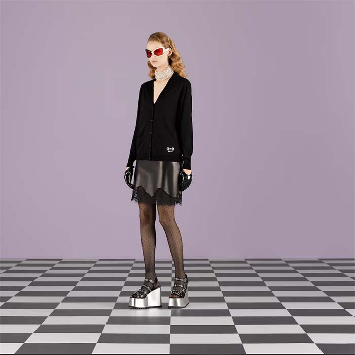 Gucci Women GG Extra Fine Wool Cardigan Black Horsebit Intarsia V-Neck Two Front Pockets