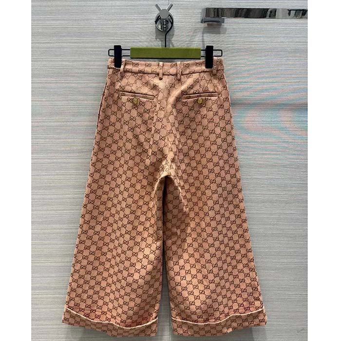 Gucci Men GG Canvas Print Camel Ebony Belt Loops Wide Leg Cropped Length