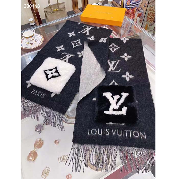 Louis Vuitton Unisex Cold Reykjavik Scarf Cashmere Mink Fur Black Jacquard LV Initials Monogram Flowers