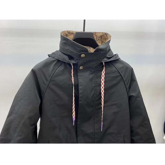 Gucci Women Reversible Poplin Jacket Black Polyester Piping Green Red Beige Ebony GG Canvas