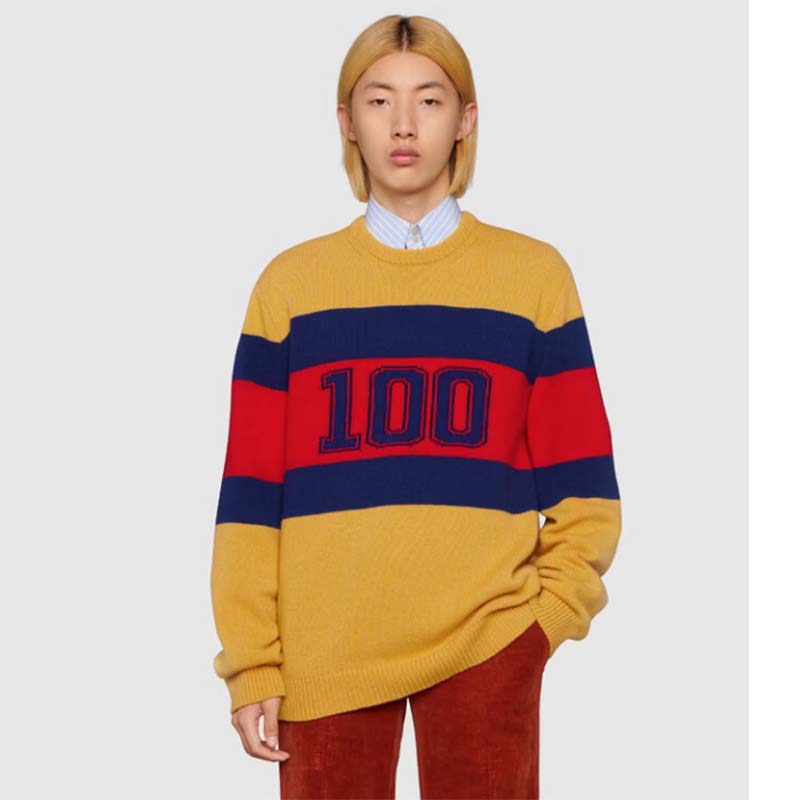 Gucci Men Gucci 100 Wool Sweater Yellow Wool Blue Red Web 100 Intarsia