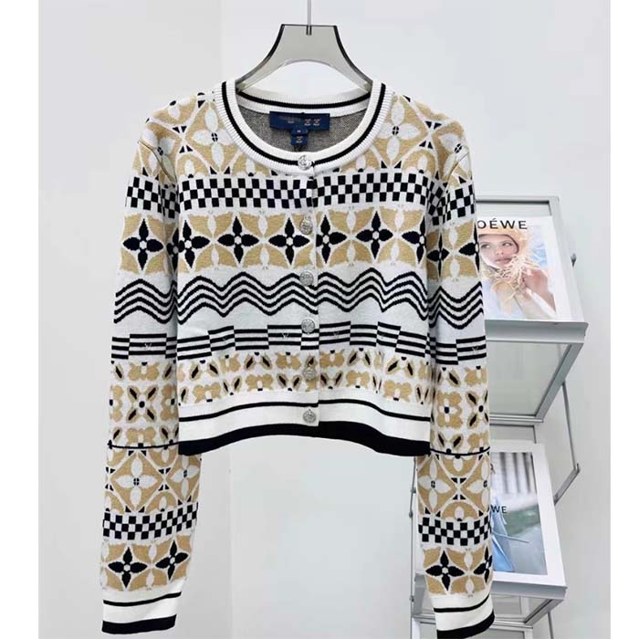 Louis Vuitton Women LV Monogram Tile Jacquard Cropped Cardigan Champagne Beige Regular Fit