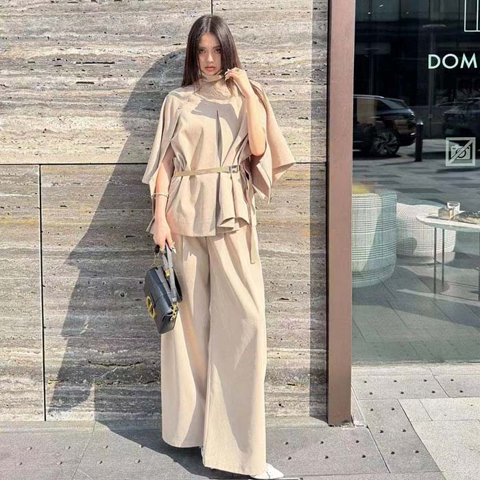 Dior Women CD Pleated Flared Pants Beige Cotton Gabardine