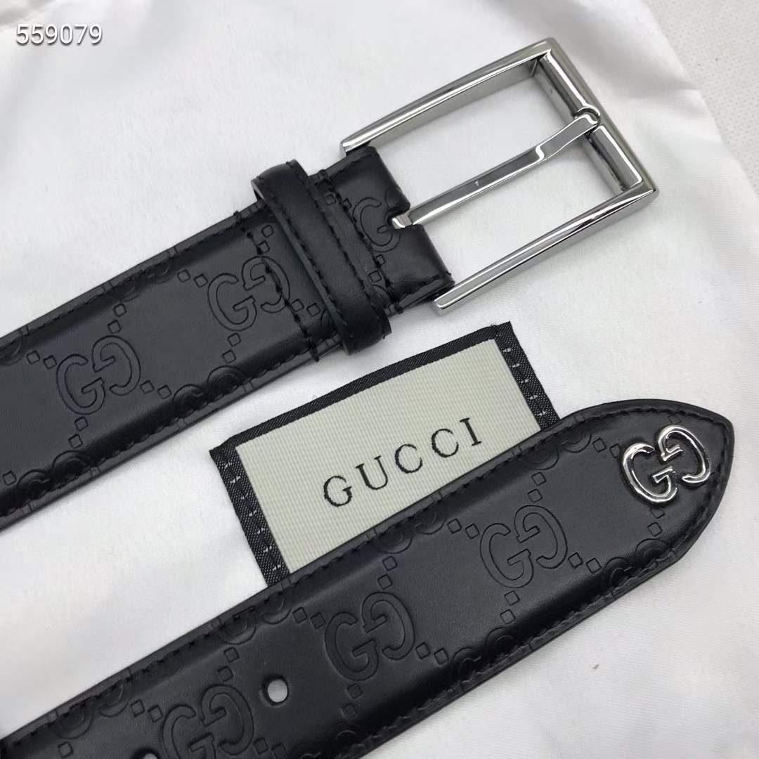 Gucci Unisex Black Signature Belt GG Detail Square Buckle 3.8 CM Width