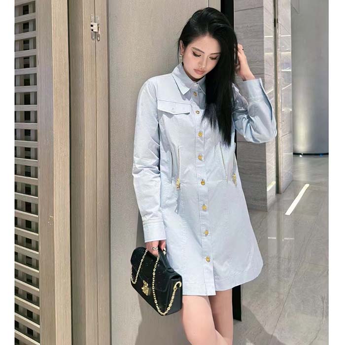 Louis Vuitton LV Women Zipper Waist Shirt Dress Coton Ice Blue Regular Fit