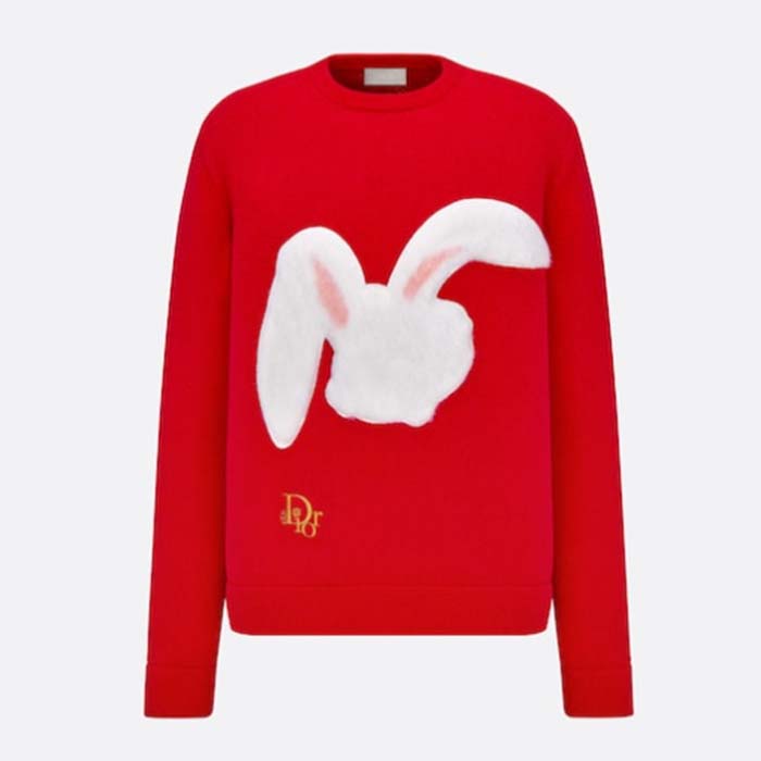 Dior Men CD By Erl Sweater Rabbit Patch Red Cotton-Blend Jersey Round Neck