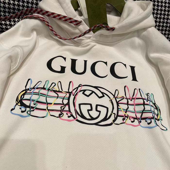Gucci Women GG Logo Bunny Print Hooded Cotton Sweatshirt Off White Cotton Jersey