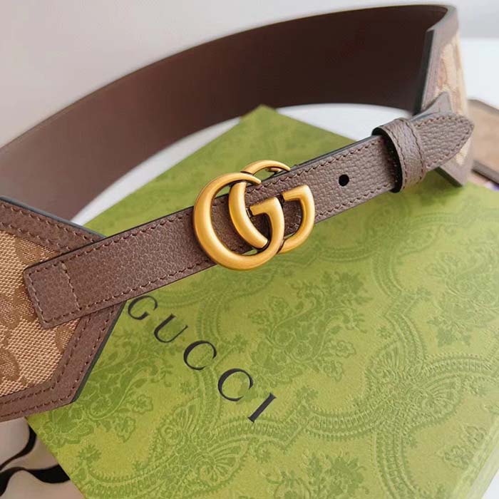 Gucci Unisex GG Marmont Wide Belt Beige Ebony GG Supreme Canvas Double G