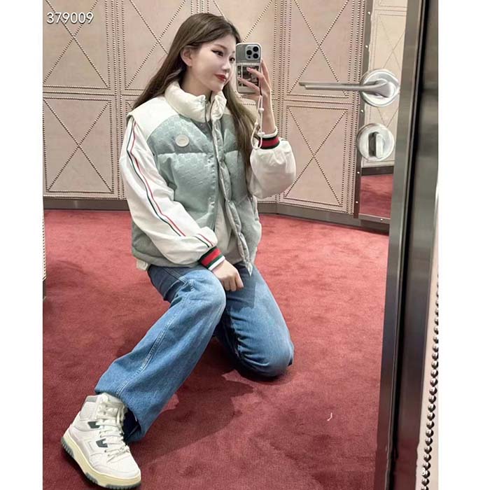 Gucci Women GG Cotton Canvas Padded Gilet Light Blue High Neck Interlocking G Sleeveless