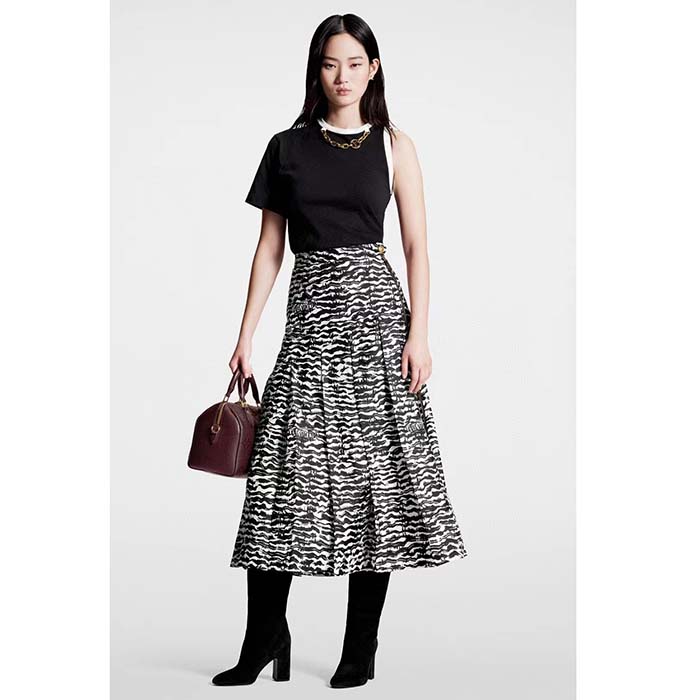 Louis Vuitton Women LV Ink Tiger Asymmetrical Pleat Midi Skirt Silk Black White Regular Fit