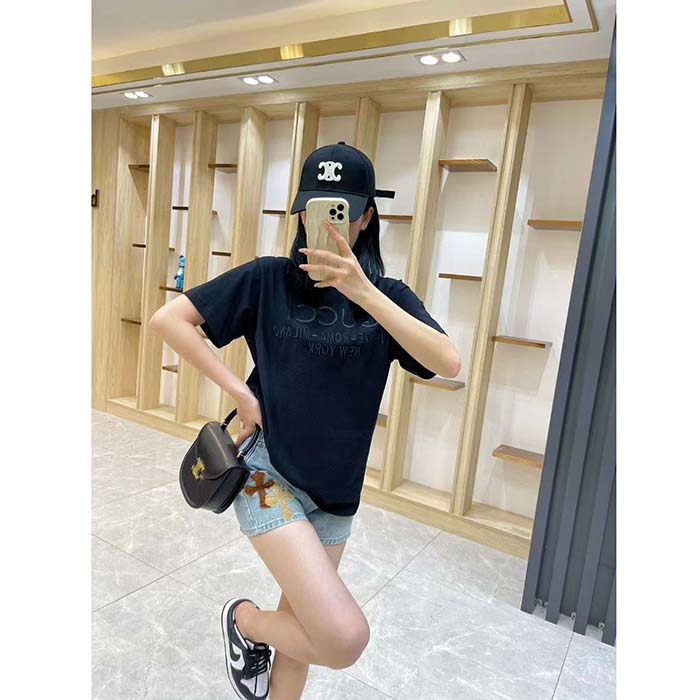 Gucci Women GG Cotton Jersey T-Shirt Black Heavy Cities Embroidery Crewneck Short Sleeves Oversize Fit