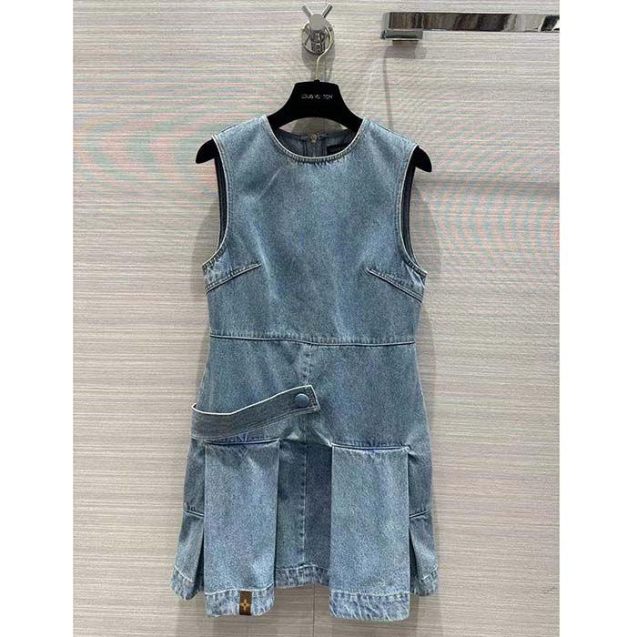 Louis Vuitton Women LV Denim Button Tab Pleat Dress Cotton Blue 1AFLXY