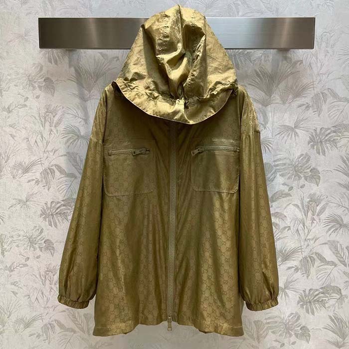 Gucci Women GG Hooded Jacket Light Camel GG Nylon Jacquard