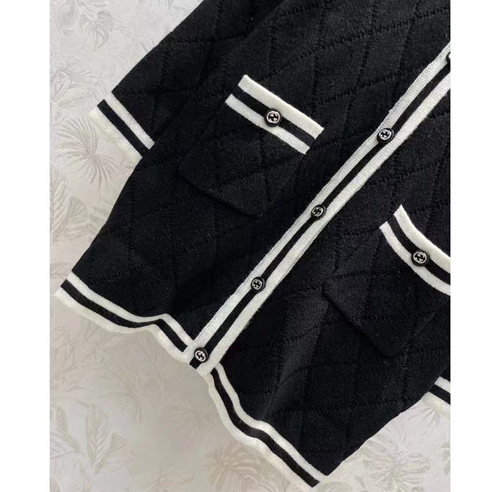 Gucci Women GG Extra Fine Wool Piquet Coat Collarless Long Sleeves Two Front Pockets