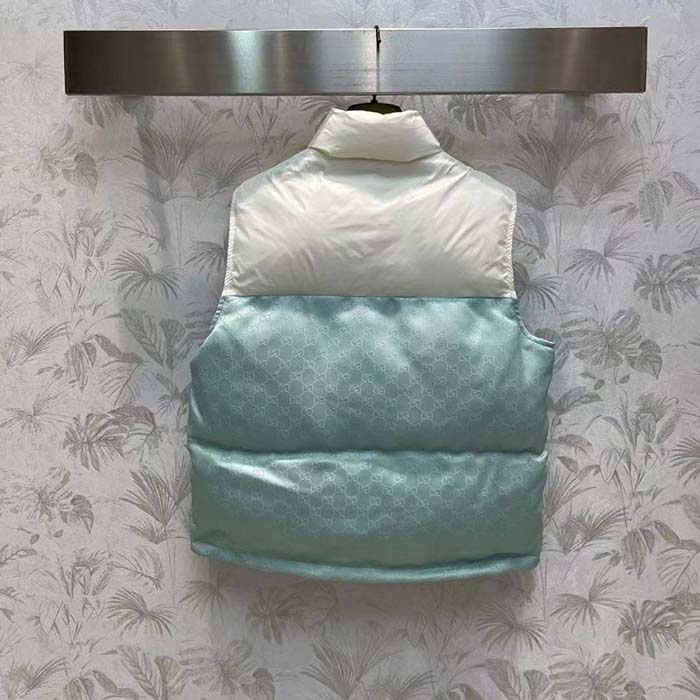 Gucci Women GG Cotton Canvas Padded Gilet Light Blue High Neck Interlocking G Sleeveless