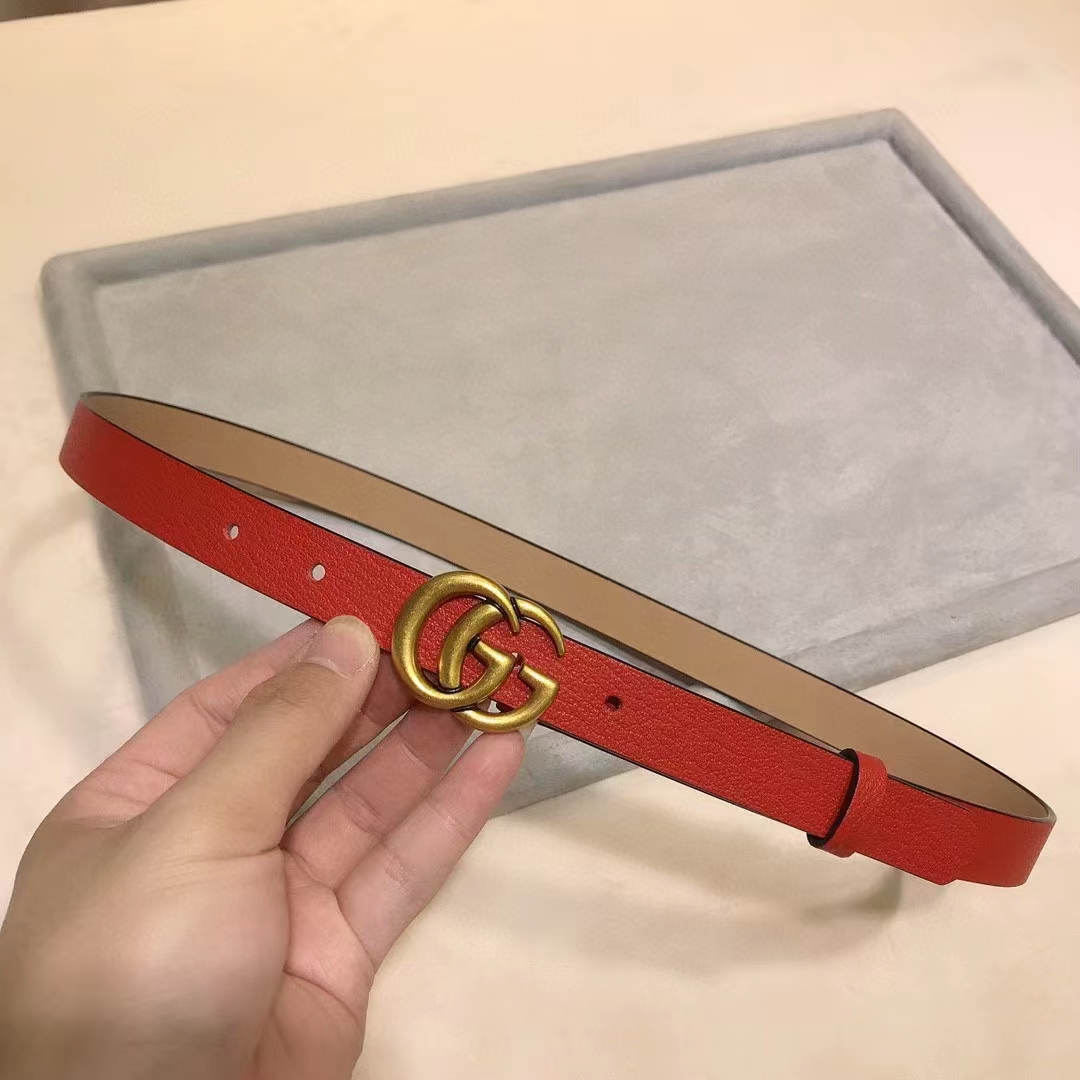 Gucci Unisex Marmont Reversible Thin Belt Red Leather Double G Buckle