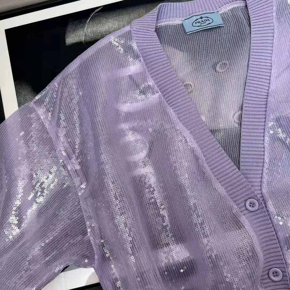 Prada Women Sequin-Embroidered Tulle Crop Top-Purple