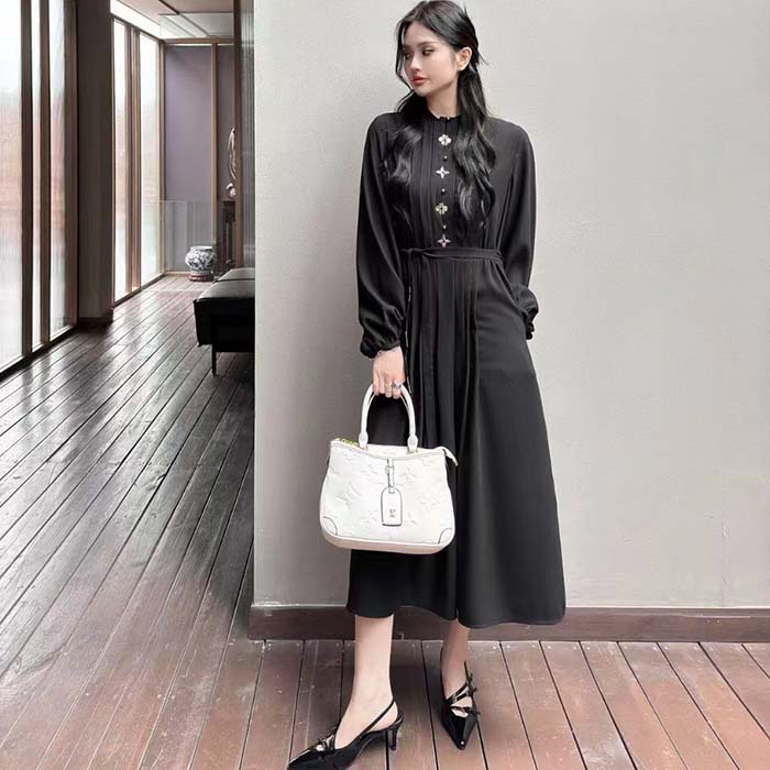 Louis Vuitton LV Women Monogram Accent Pleat Dress Silk Black 1AFDDG