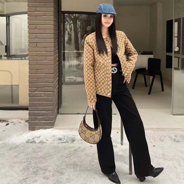 Gucci Women GG Reversible Denim Jacket Camel Ebony GG Canvas Reversible Collarless Dropped Shoulder