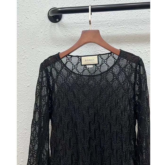 Gucci Women GG Embroidered Tulle T-Shirt Black Long Sleeve Fitted Cotton