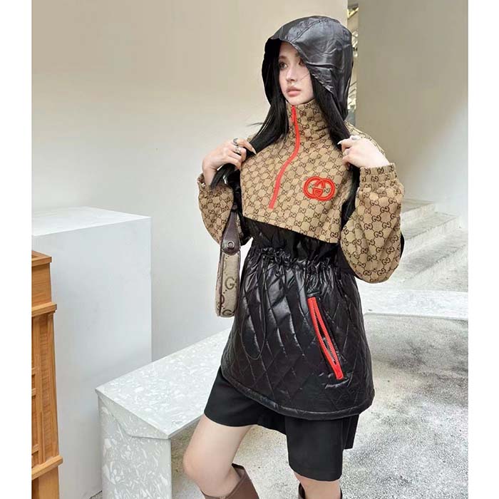 Gucci Women GG Canvas Nylon Zip Jacket Interlocking G Patch High Collar Drawstring Waistband