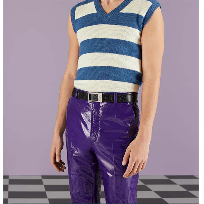 Gucci Unisex GG Belt Rectangular Buckle Black Leather 3.6 CM Width