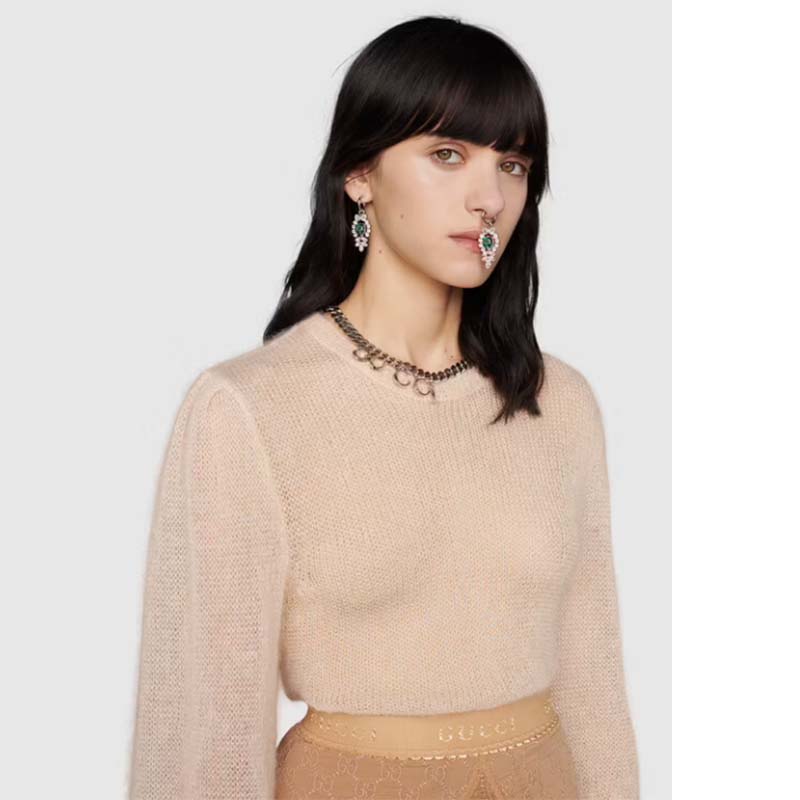 Gucci GG Women Silk Mohair Sweater Feathers Beige Double G Embroidery Crewneck