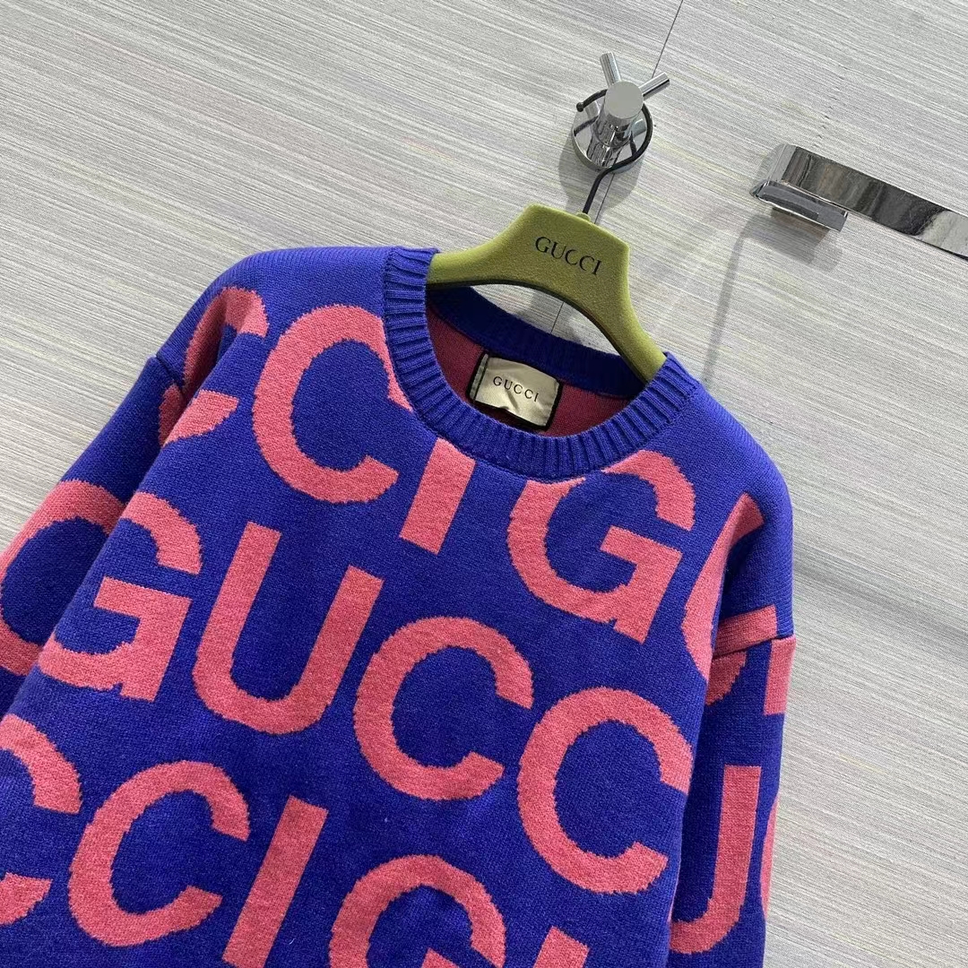 Gucci Women GG Wool Sweater Gucci Intarsia Blue Crewneck Dropped Shoulder