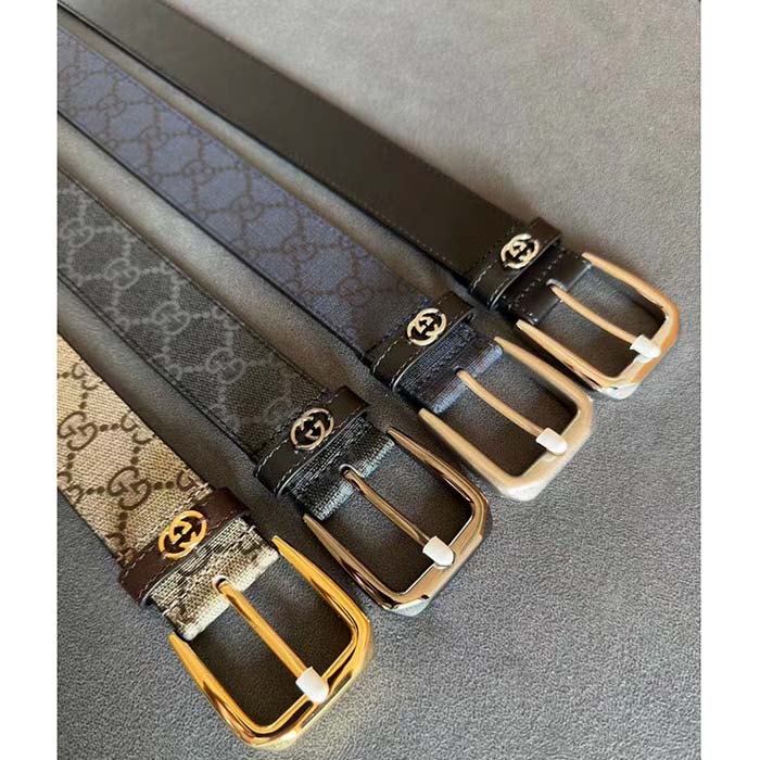 Gucci Unisex GG Belt Interlocking G Detail Grey Black GG Supreme Square Buckle