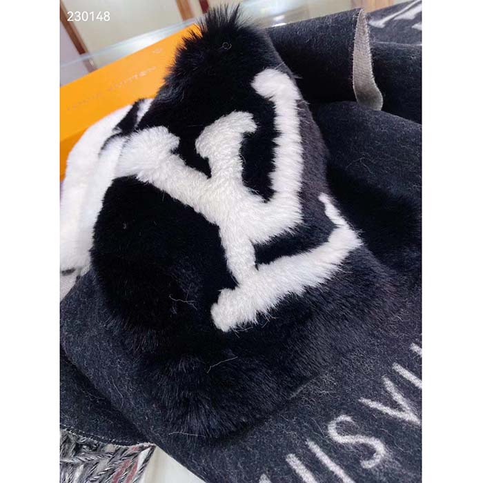 Louis Vuitton Unisex Cold Reykjavik Scarf Cashmere Mink Fur Black Jacquard LV Initials Monogram Flowers