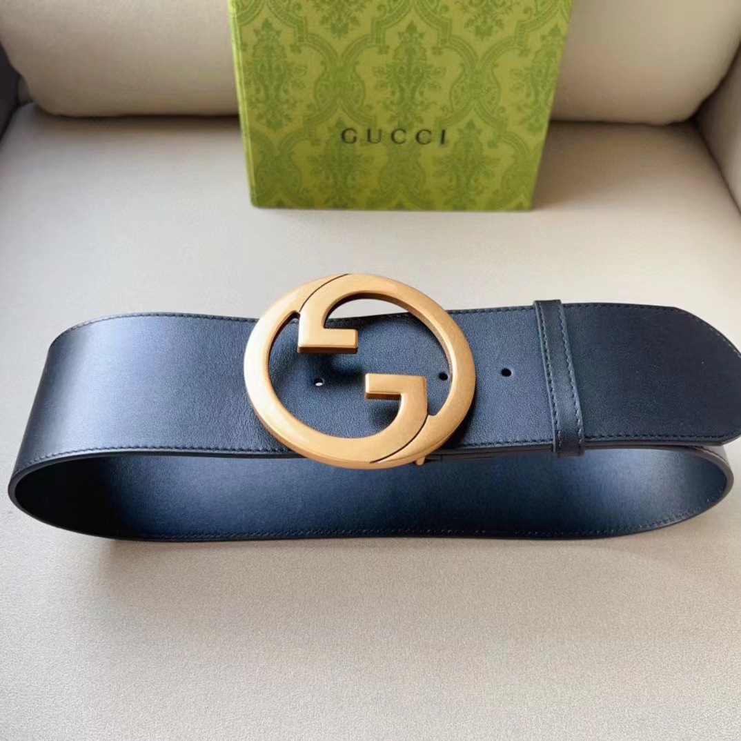 Gucci Unisex GG Blondie Wide Belt Black Leather Round Interlocking G 5 CM Width