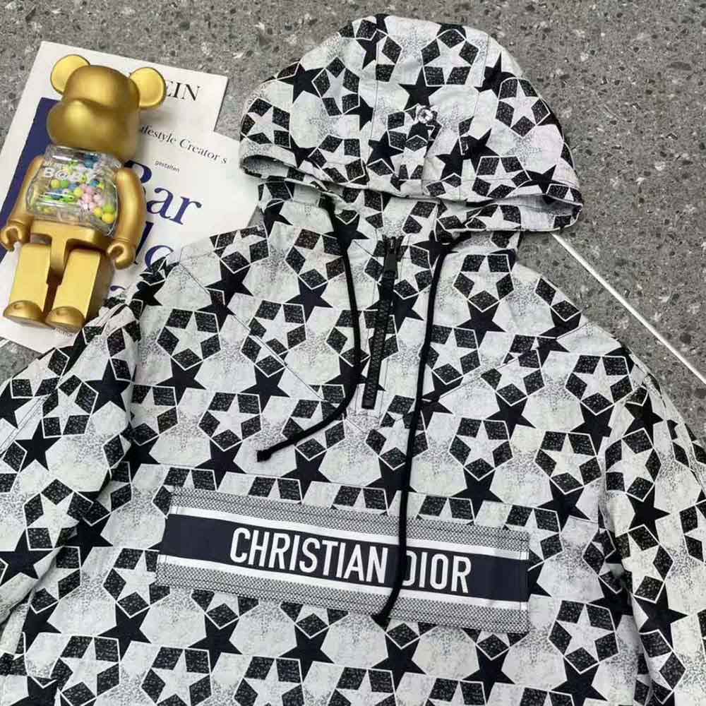 Dior Women Hooded Anorak Navy Blue Technical Taffeta Jacquard